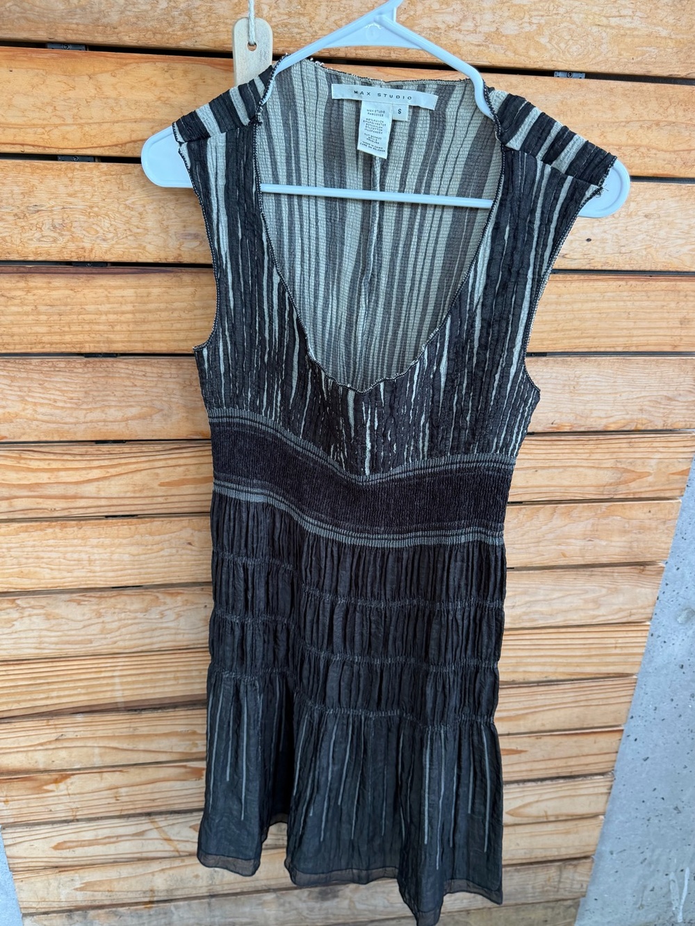 Max Studio Black & Gray Striped Textured V-Neck Mini Dress
